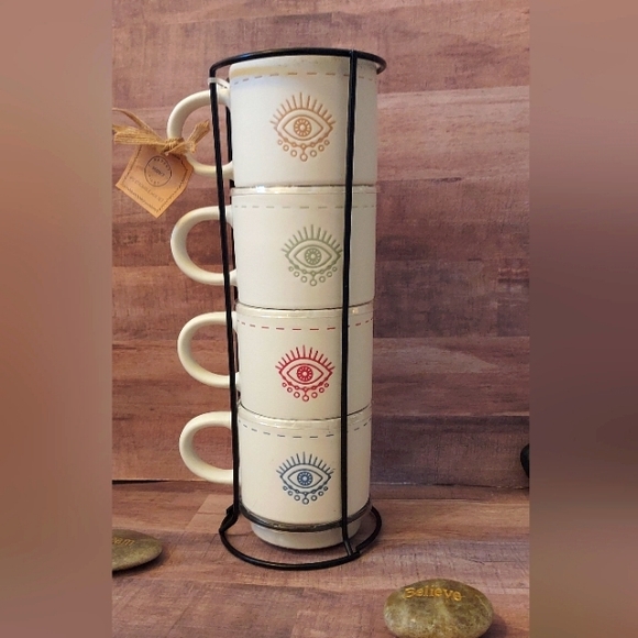 SALE! NWT Boho Evil Eye Set Stackable Coffee Mugs/Tea Cups Metal Organizer Stand - Picture 4 of 16